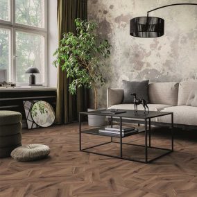 Kaindl CLASSIC AQUA Eiche Oak Milano Vittorio 8 mm mozaik mintás laminált padló, színek: szürke, barna (világos), barna, barna (sötét), padlófűtéshez alkalmazható.