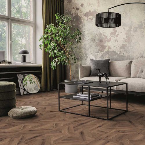 Kaindl CLASSIC AQUA Eiche Oak Milano Vittorio 8 mm mozaik mintás laminált padló, színek: szürke, barna (világos), barna, barna (sötét), padlófűtéshez alkalmazható.